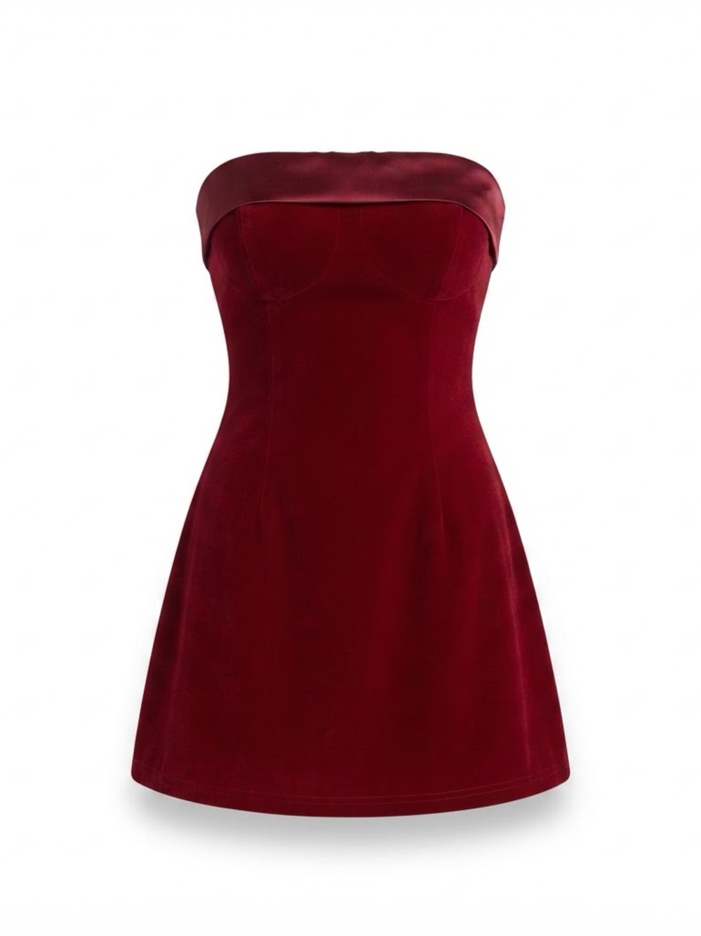 Strapless Velvet Mini Dress in Burgundy with satin detail